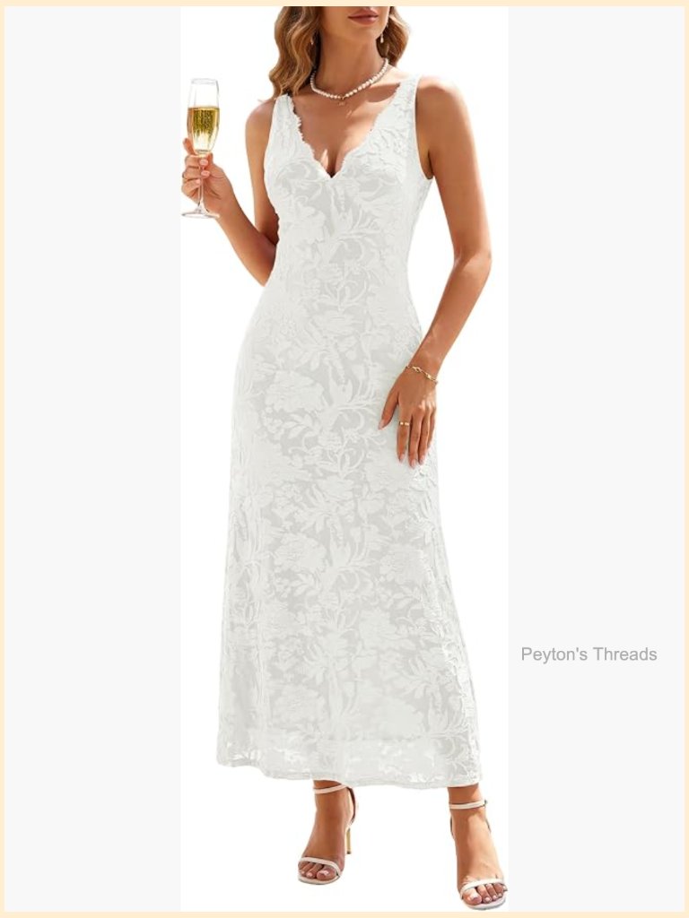 Lace V Neck Floral Mesh Bodycon Maxi Dress Sleeveless For Weddings Cocktail